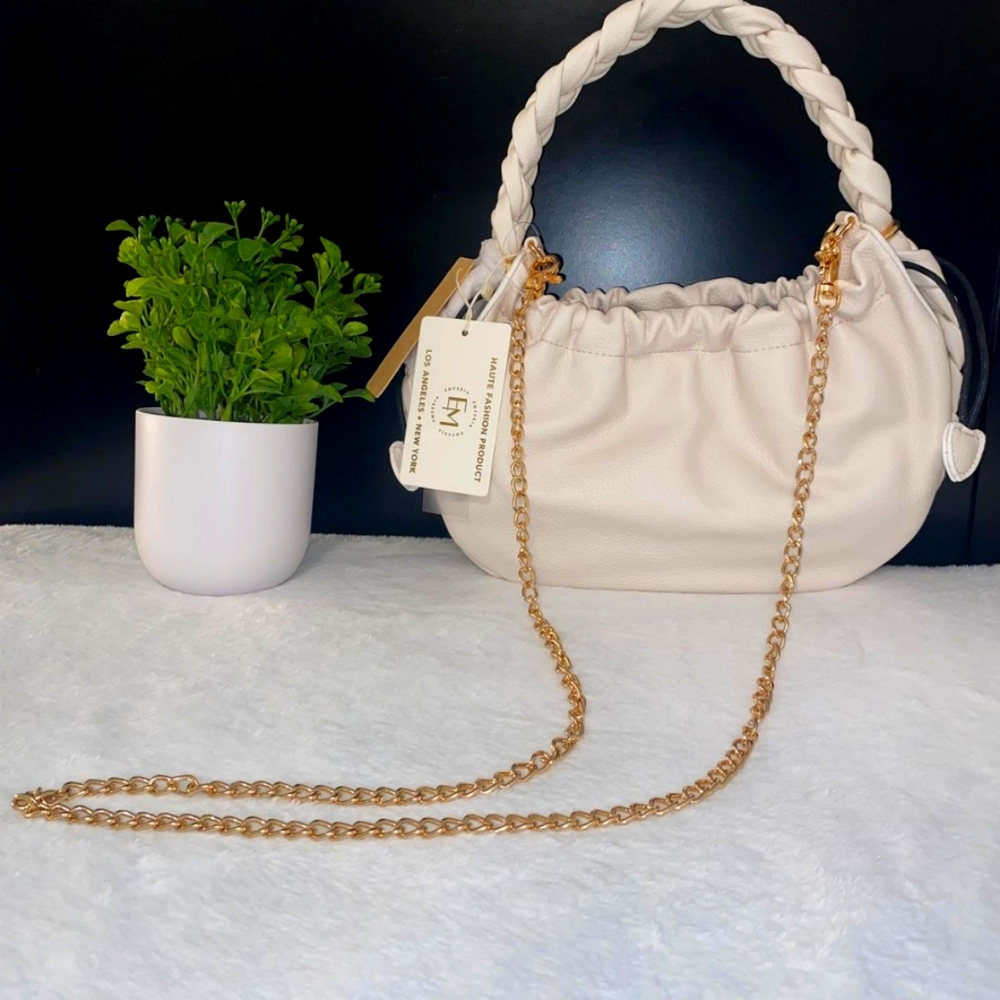 White Braided Handle Bag with Gold Chain